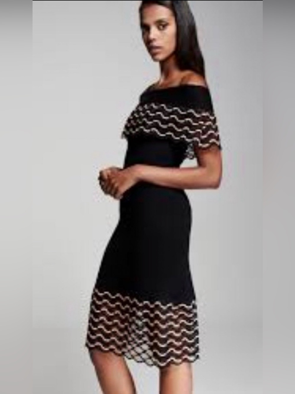 Lela Rose Black Off the Shoulder Midi Dress with Scalloped Trim - Size small